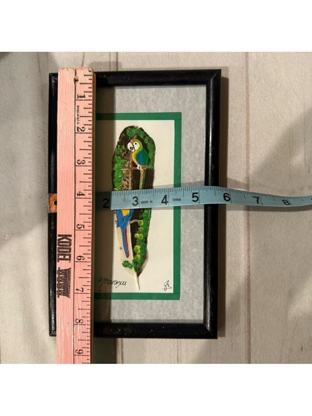 Parrots Art Painting on Feather Artwork Framed Nicaragua Blue Green Colorful Art - Picture 4 of 12